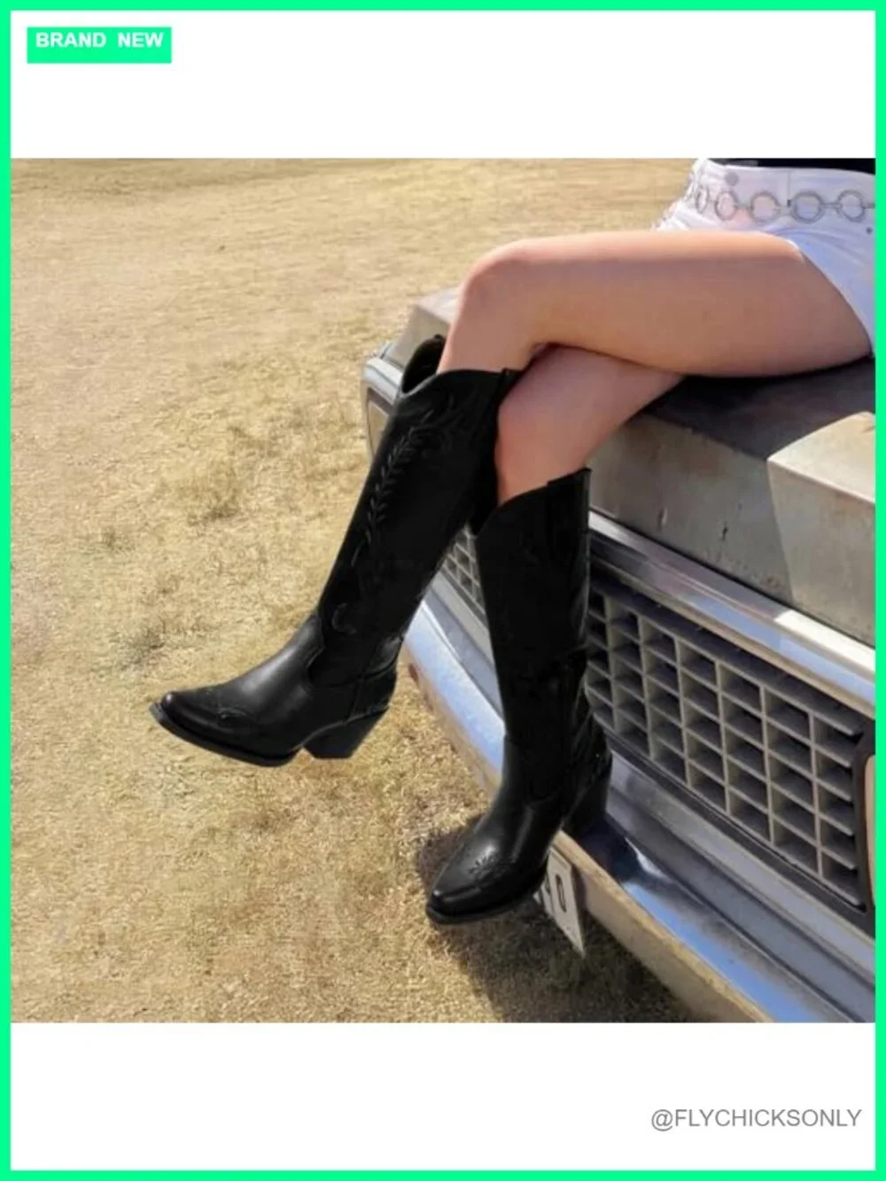 Knee High Western Cowgirl Boots with Embroidered Design, Square Toe, Stacked